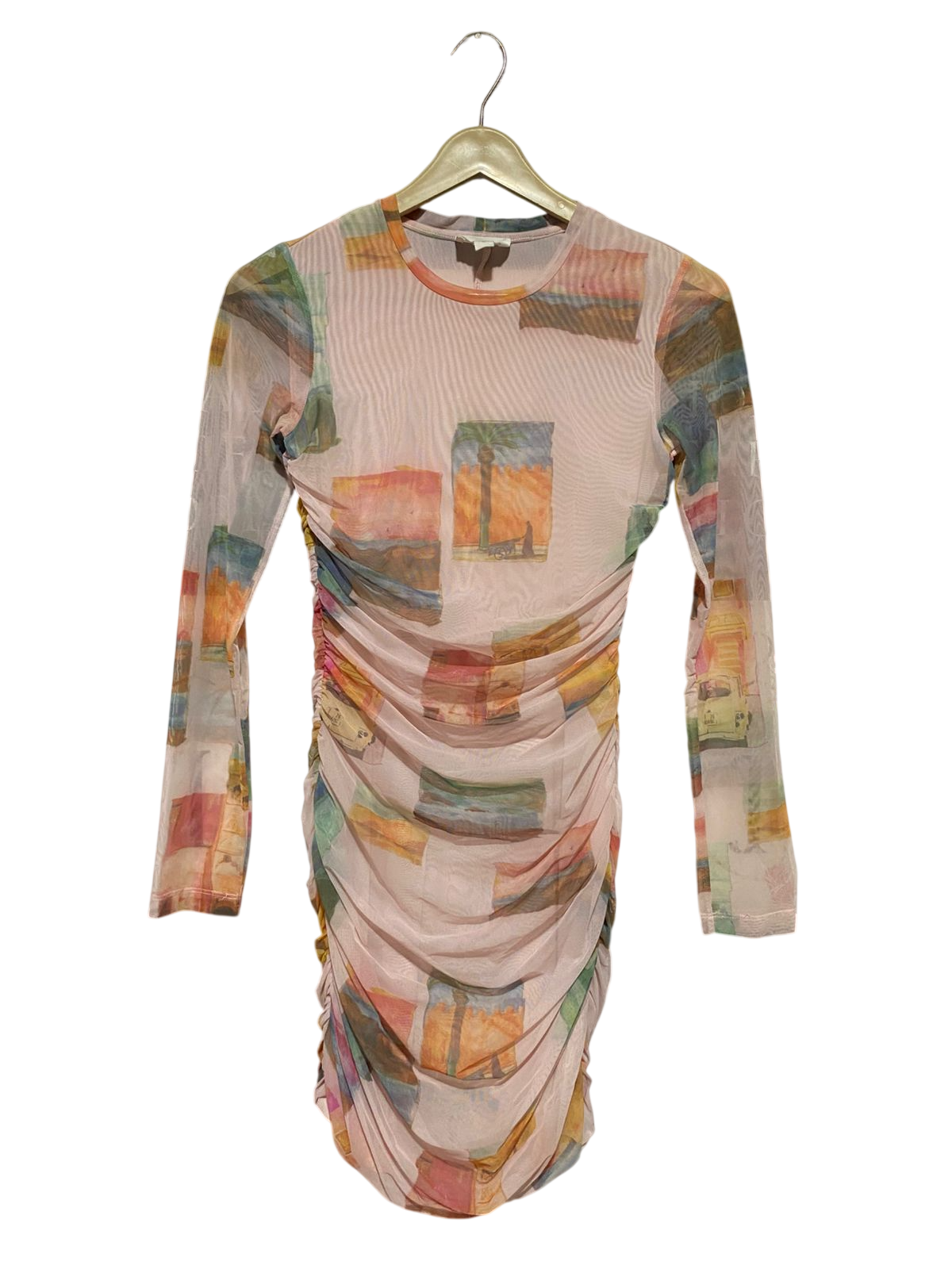 ROAME |S| BUST 14| B43| MULTICOLOR POSTCARD LANDSCAPE PRINT MESH LONG SLEEVE RUCHED BODYCON MINI DRESS