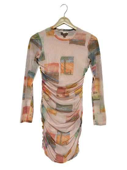 ROAME |S| BUST 14| B43| MULTICOLOR POSTCARD LANDSCAPE PRINT MESH LONG SLEEVE RUCHED BODYCON MINI DRESS