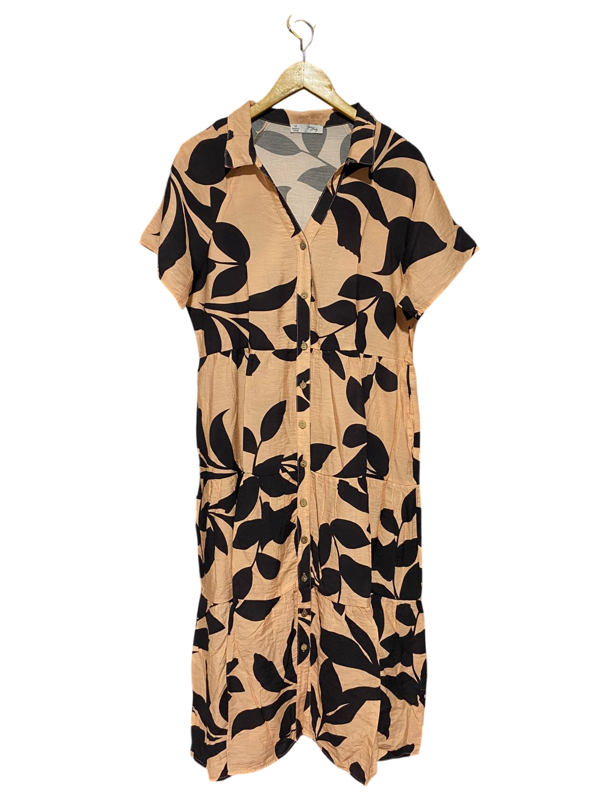 YOUR HUNDY |L| BUST 19| B43| BEIGE AND BLACK TROPICAL LEAF PRINT BUTTON FRONT TIERED MIDI SHIRT DRESS