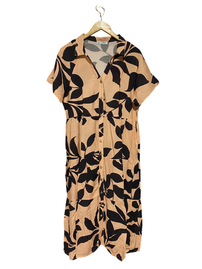 YOUR HUNDY |L| BUST 19| B43| BEIGE AND BLACK TROPICAL LEAF PRINT BUTTON FRONT TIERED MIDI SHIRT DRESS