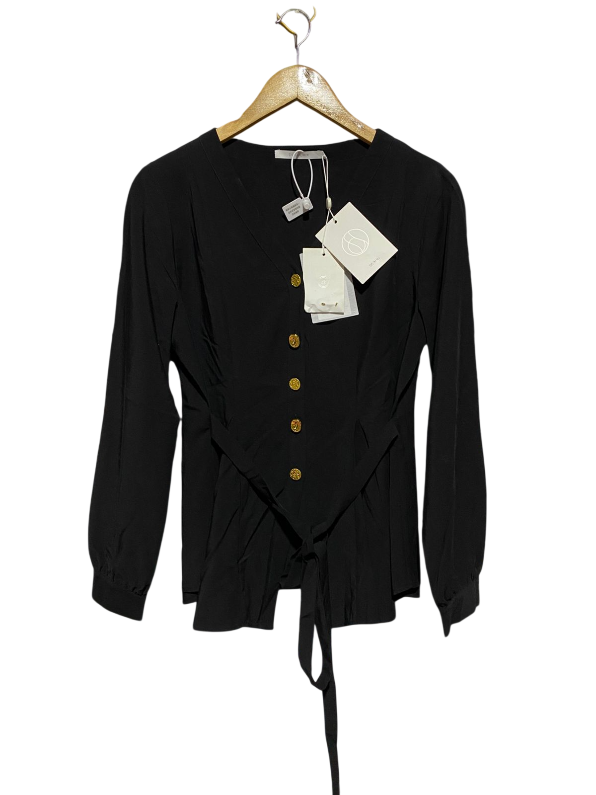 DUSHU |M| BUST 19| B43| BLACK LONG SLEEVE V-NECK BLOUSE WITH GOLD STATEMENT BUTTONS AND WAIST TIE