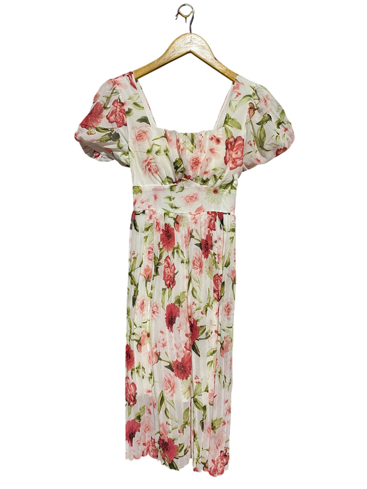 FASHION |XS| BUST 11| B43| VIBRANT ROSE FLORAL PRINT PUFF SLEEVE SWEETHEART MAXI DRESS