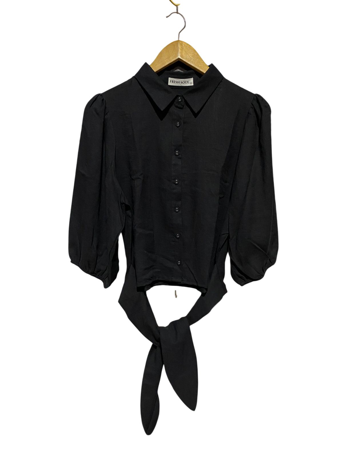 FRESH SOUL |M| BUST 21| B43| BLACK BUTTON FRONT SHORT SLEEVE CROP SHIRT WITH HEM WAIST TIE