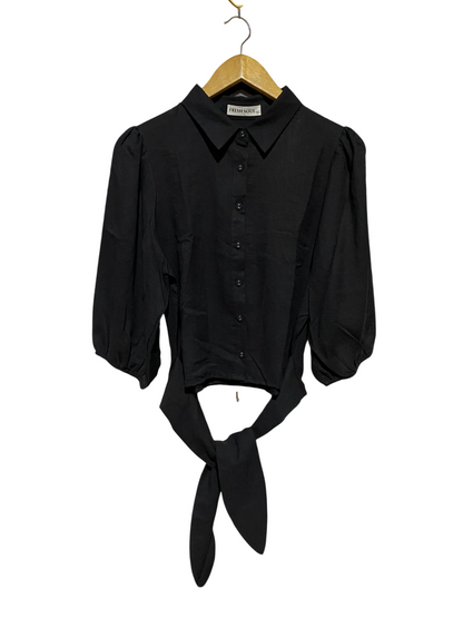FRESH SOUL |M| BUST 21| B43| BLACK BUTTON FRONT SHORT SLEEVE CROP SHIRT WITH HEM WAIST TIE