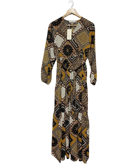 LORRAINE |M| BUST 18| B43| BOHO EARTH TONE PATCHWORK PRINT V-NECK LONG SLEEVE TIERED MAXI DRESS