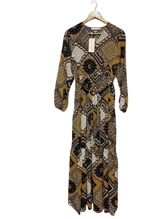 LORRAINE |M| BUST 18| B43| BOHO EARTH TONE PATCHWORK PRINT V-NECK LONG SLEEVE TIERED MAXI DRESS