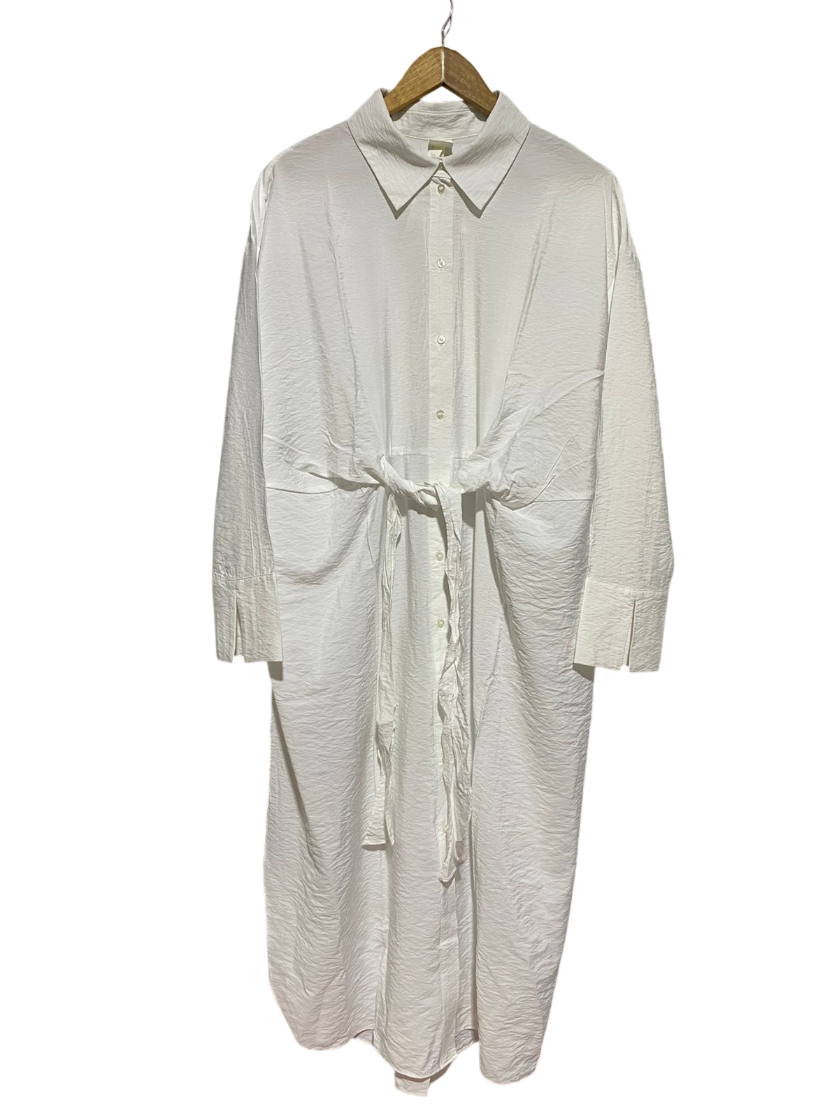 H&M |XL| BUST 26| B43| WHITE CRISP TEXTURED FABRIC WAIST-TIE LONG SLEEVE BUTTON FRONT MIDI SHIRT DRESS