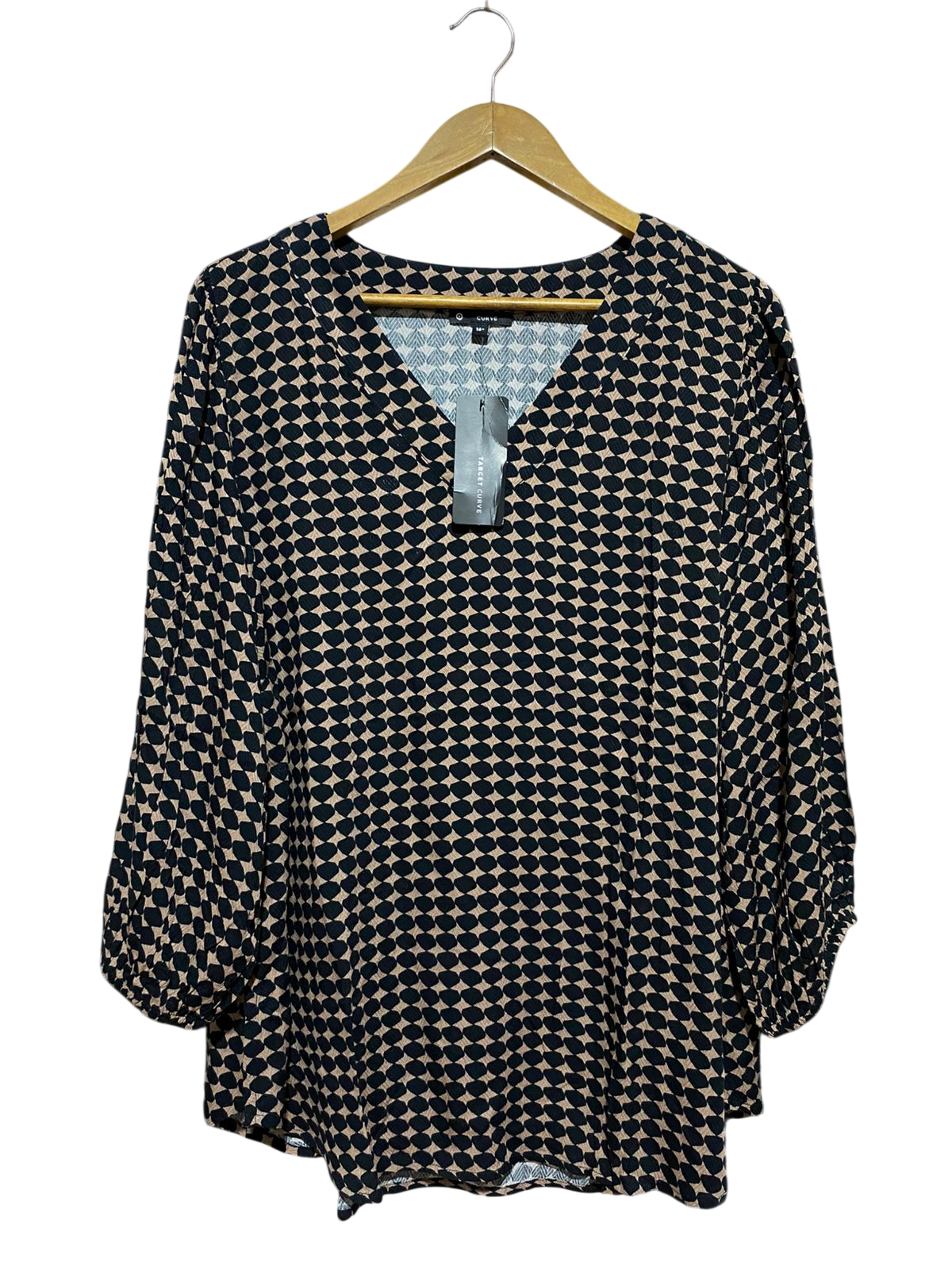 TARGET CURVE |XL| BUST 24| B43| BLACK AND TAN GEOMETRIC PRINT V-NECK LONG SLEEVE BLOUSE NEW WITH TAGS