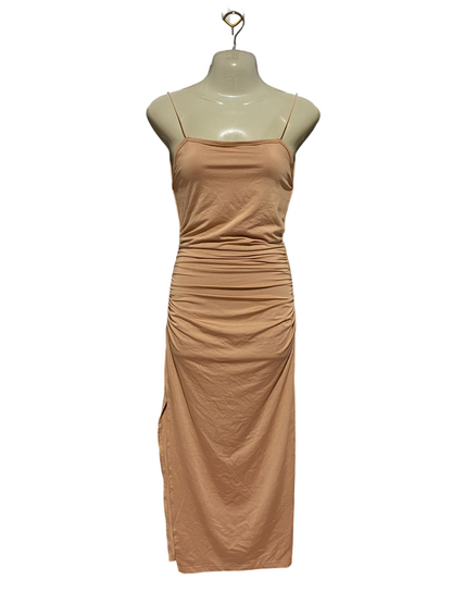 SHEIN |XS| BUST 15| B43| CHIC TAN NUDE SPAGHETTI STRAP RUCHED MIDI DRESS WITH SIDE SLIT PARTY COCKTAIL BODYCON