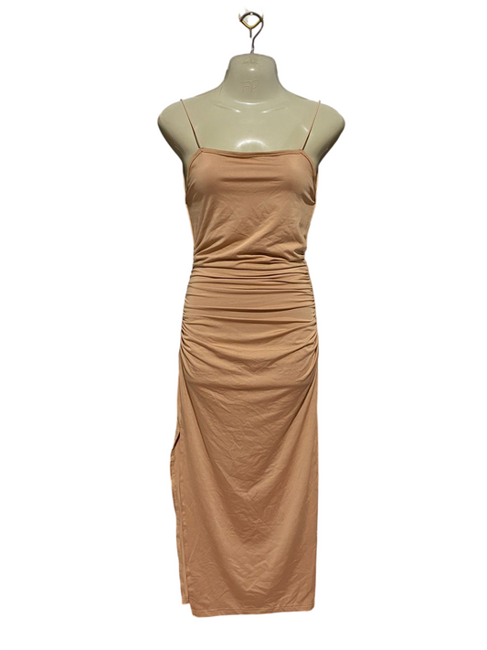SHEIN |XS| BUST 15| B43| CHIC TAN NUDE SPAGHETTI STRAP RUCHED MIDI DRESS WITH SIDE SLIT PARTY COCKTAIL BODYCON