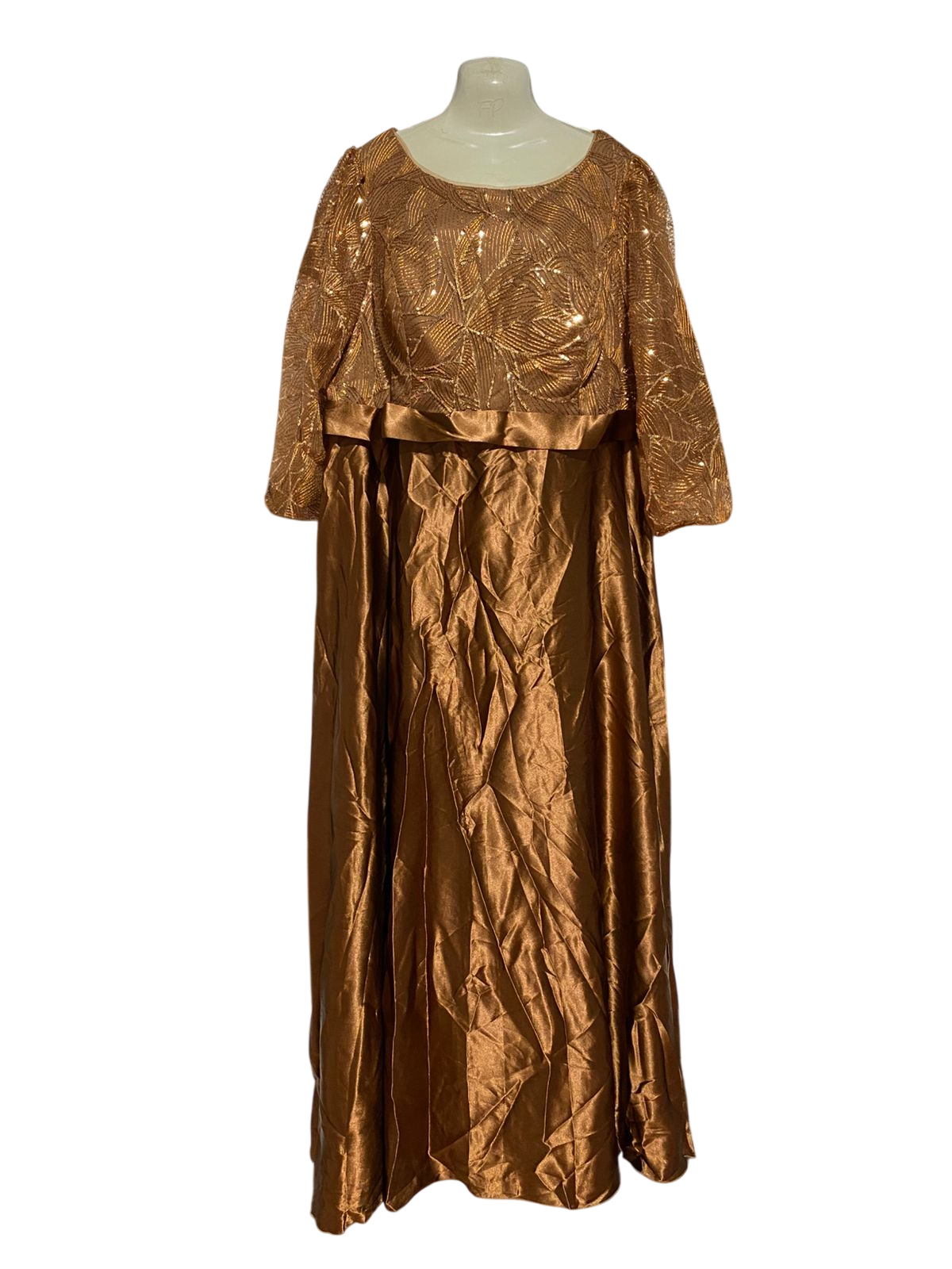 MGIACY |L| BUST 21| B43| BRONZE COPPER METALLIC SEQUIN TOP SATIN MAXI GOWN FORMAL EVENING DRESS