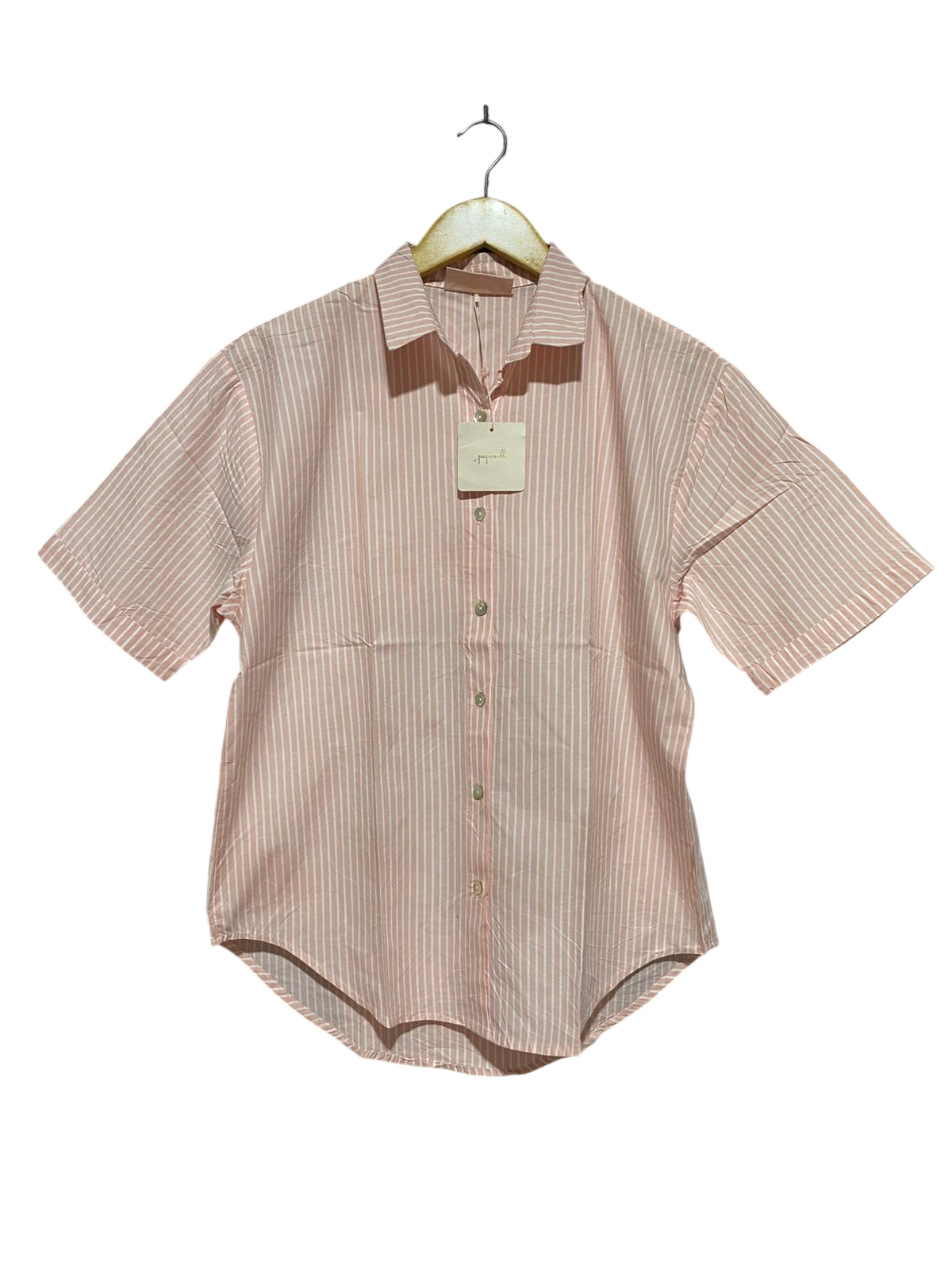 PAPINELLE |S| BUST 20| B44| PINK AND WHITE VERTICAL STRIPE SHORT SLEEVE BUTTON DOWN SHIRT CASUAL LOUNGEWEAR