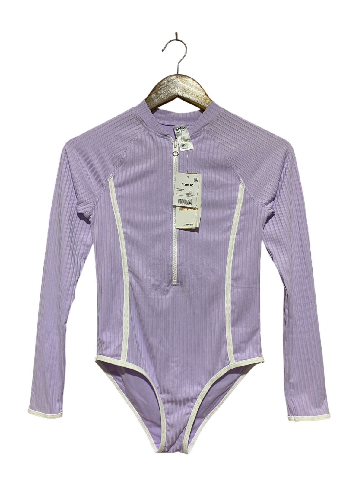 ANKO |XS| BUST 14| B44| GIRLS LAVENDER RIBBED LONG SLEEVE ONE PIECE SWIMSUIT RASH GUARD