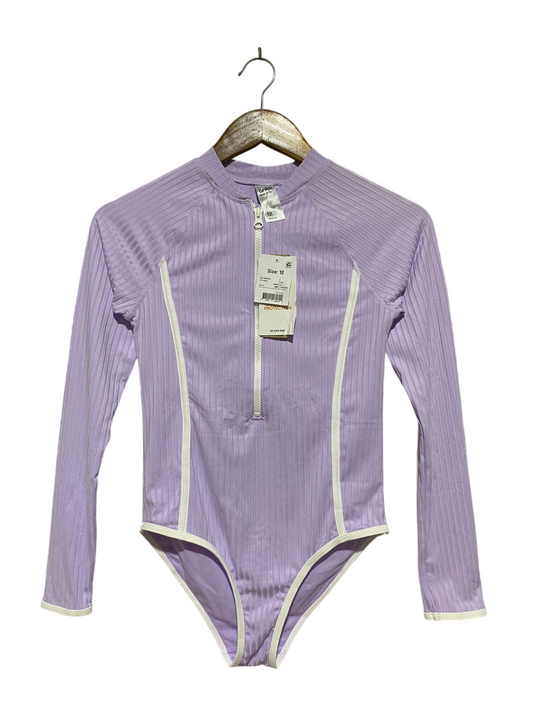 ANKO |XS| BUST 14| B44| GIRLS LAVENDER RIBBED LONG SLEEVE ONE PIECE SWIMSUIT RASH GUARD