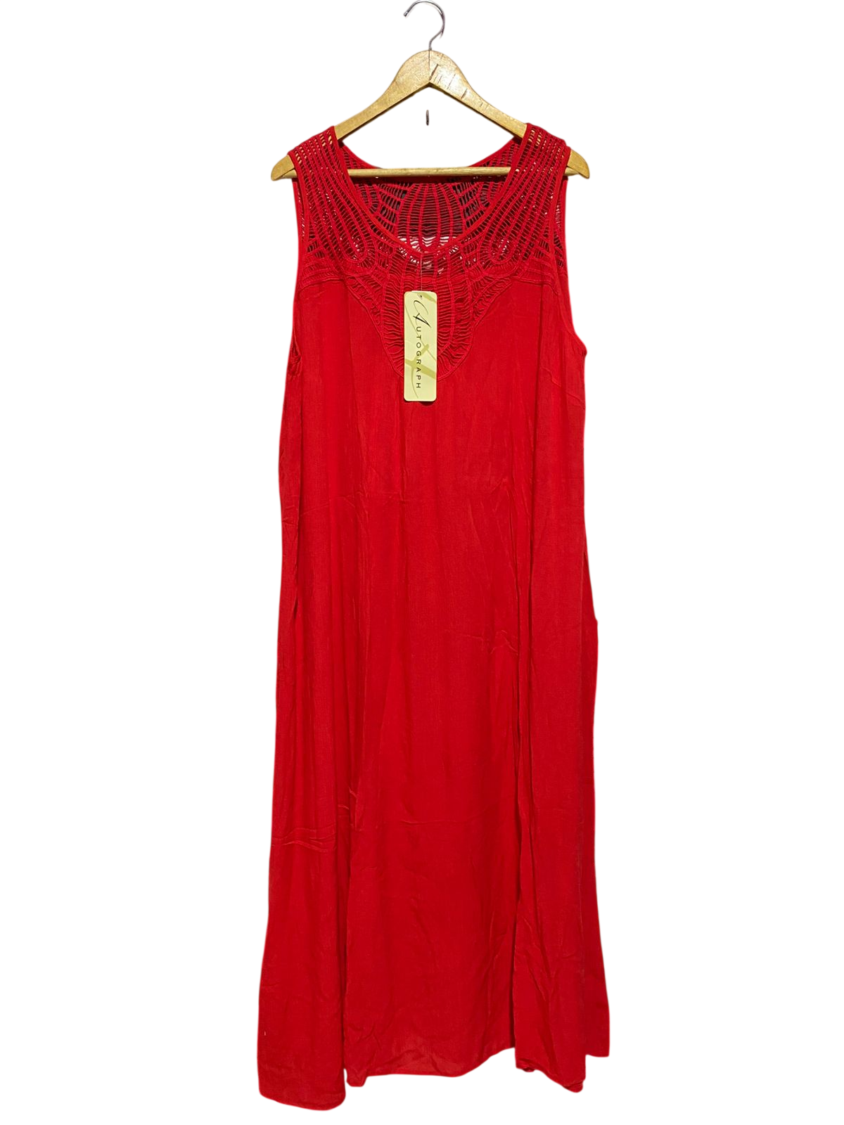 AUTOGRAPH |XL| BUST 23| B44| VIBRANT RED SLEEVELESS MAXI DRESS WITH INTENTIONAL CROCHET EMBROIDERED YOKE