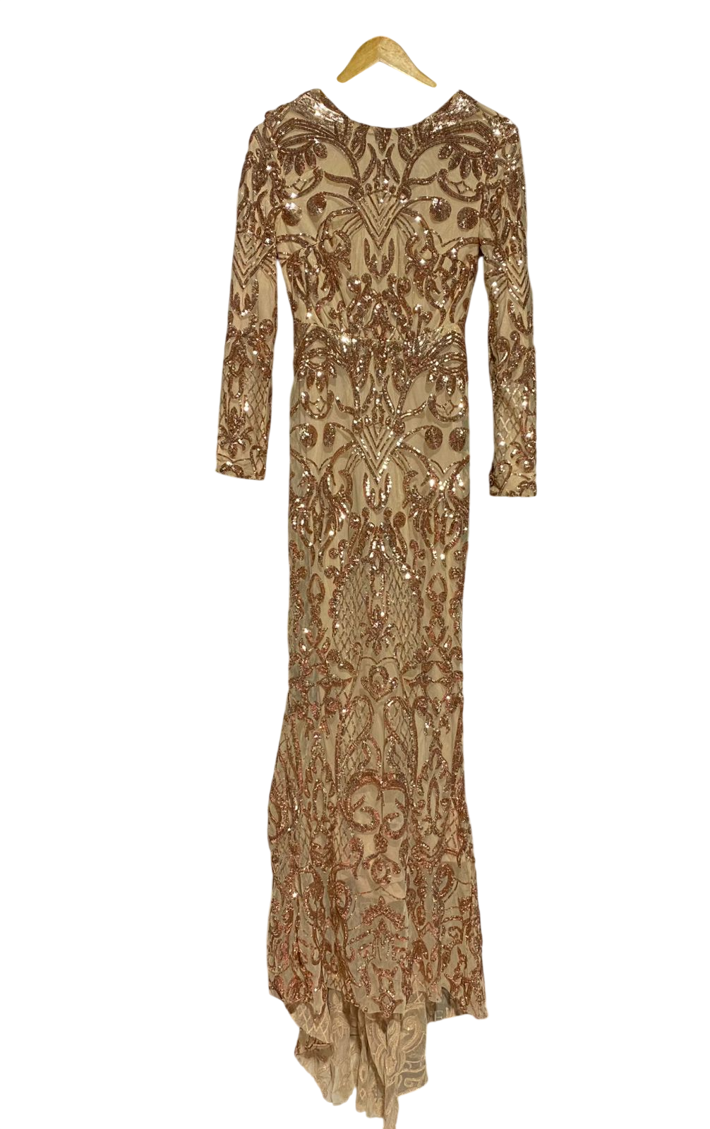 LOVE & LEMONADE |S| BUST 15| B44| GOLD ROSE GOLD SEQUIN LONG SLEEVE MAXI GOWN EMBELLISHED FORMAL PROM DRESS