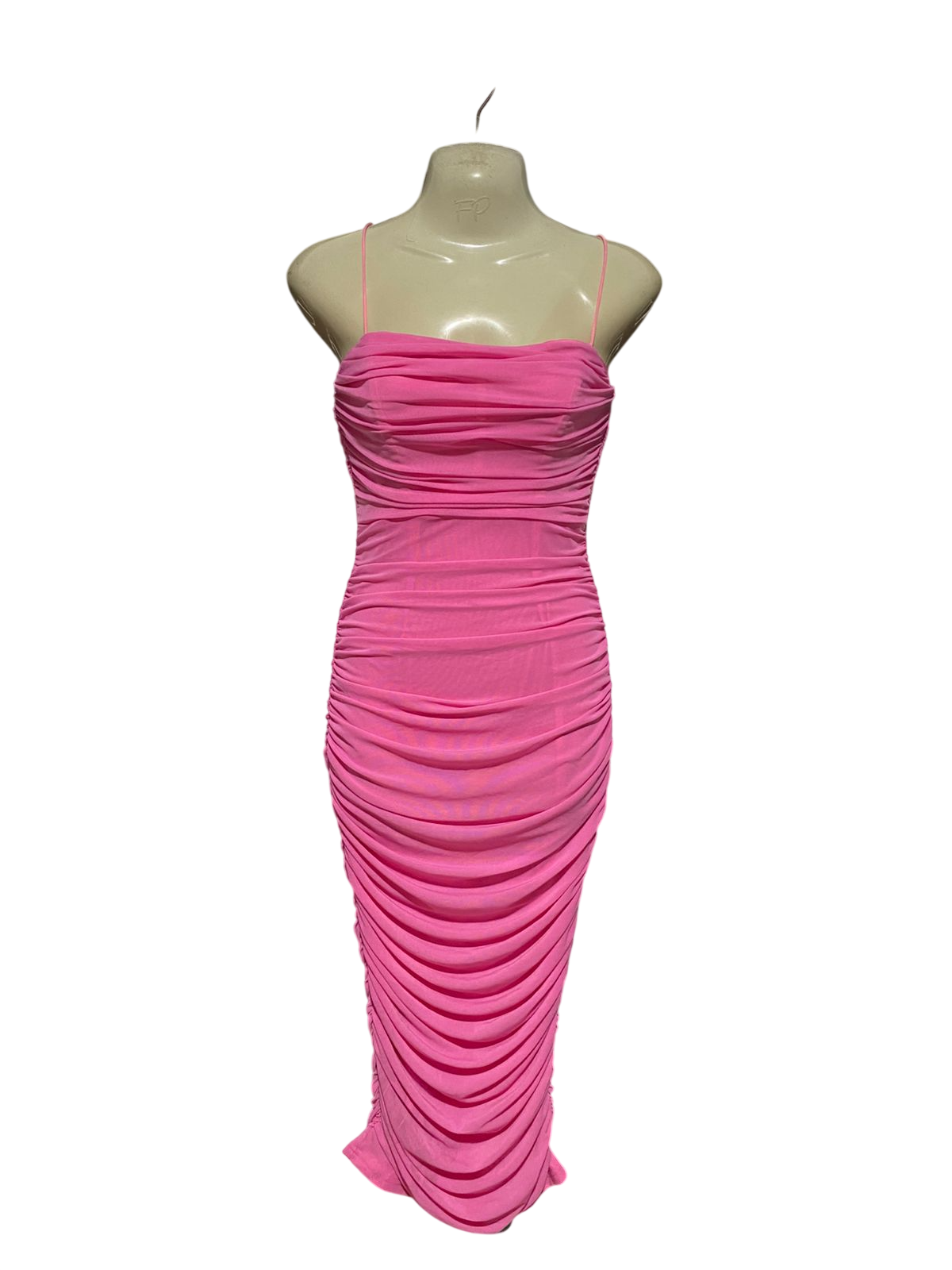 RUMOR |S| BUST 15| B44| BARBIE PINK RUFFLED BODYCON MIDI DRESS