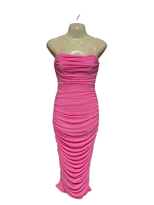 RUMOR |S| BUST 15| B44| BARBIE PINK RUFFLED BODYCON MIDI DRESS