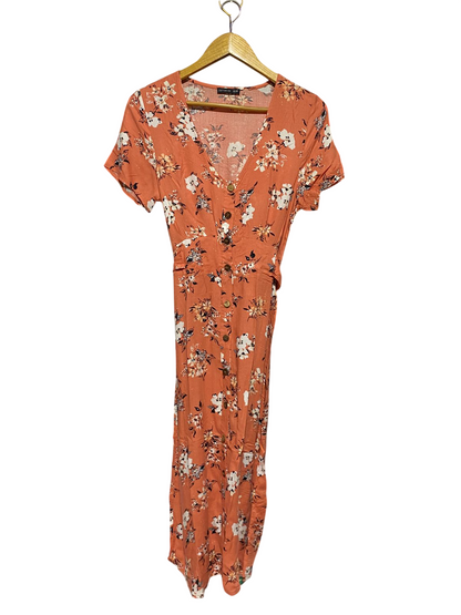 COTTON ON | M| BUST 17| B44| TERRACOTTA FLORAL MAXI DRESS - SHORT SLEEVE BUTTON FRONT CASUAL SUMMER DRESS