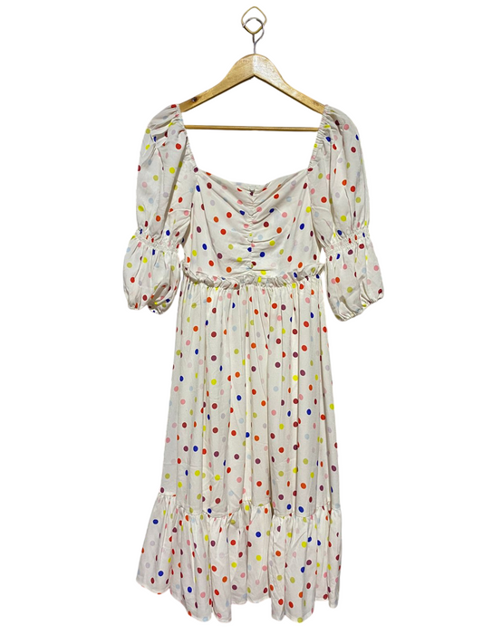 CARIEDO |S| BUST 14| B44| WHITE SQUARE NECK PUFF SLEEVE RUFFLE HEM COTTAGECORE MIDI DRESS