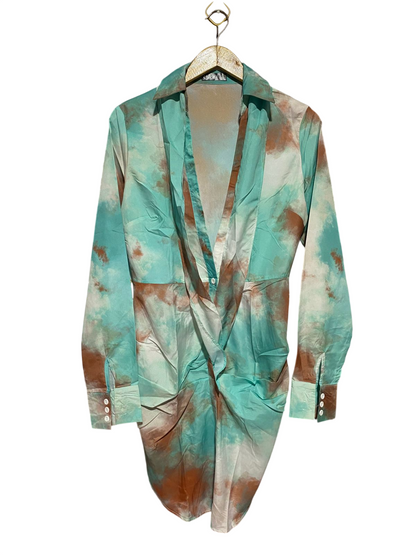 CHI CME |M| BUST 18| B44| TEAL AND BROWN LONG SLEEVE MINI DRESS