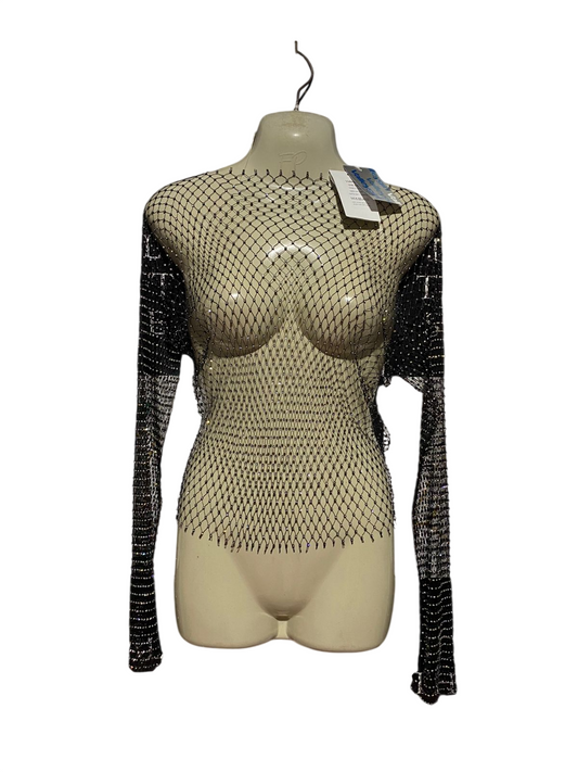 VALLEY GIRL |M| BUST 17| B44| BLACK GLITTER MESH SHEER FESTIVAL SHIRT