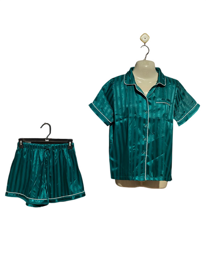 |XS| B44| EMERALD GREEN SATIN STRIPE PAJAMA SET