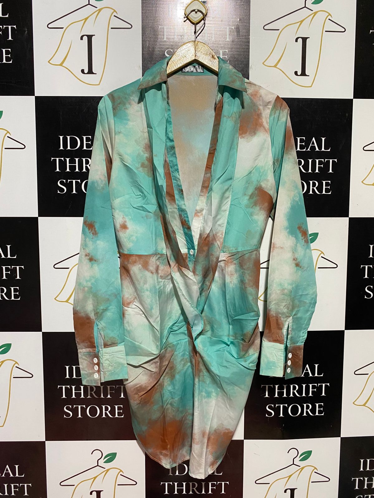 CHI CME |M| BUST 18| B44| TEAL AND BROWN LONG SLEEVE MINI DRESS