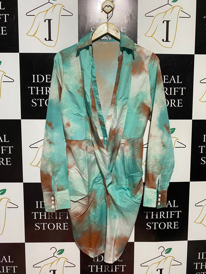 CHI CME |M| BUST 18| B44| TEAL AND BROWN LONG SLEEVE MINI DRESS