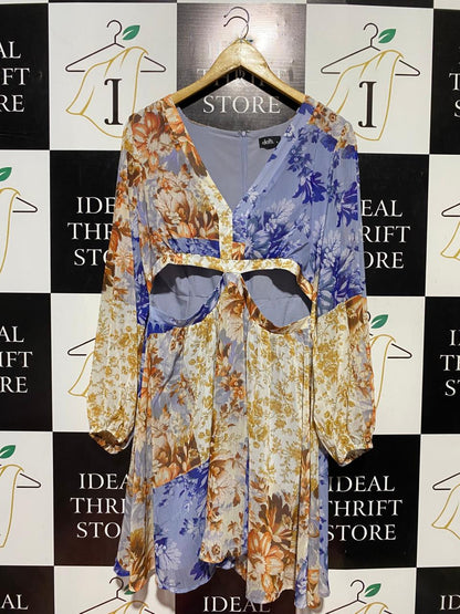 DOTTI |M| BUST 18| B44| BLUE AND ORANGE LONG SLEEVE CUTOUT BACKLESS SUMMER DRESS