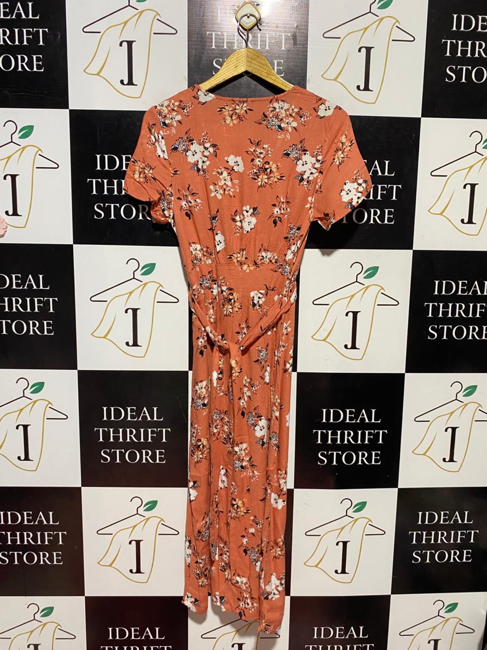 COTTON ON | M| BUST 17| B44| TERRACOTTA FLORAL MAXI DRESS - SHORT SLEEVE BUTTON FRONT CASUAL SUMMER DRESS