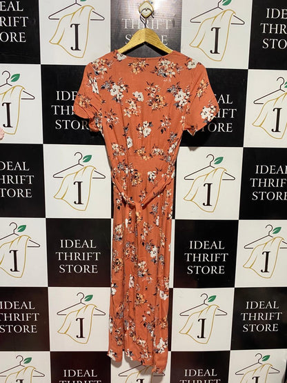 COTTON ON | M| BUST 17| B44| TERRACOTTA FLORAL MAXI DRESS - SHORT SLEEVE BUTTON FRONT CASUAL SUMMER DRESS