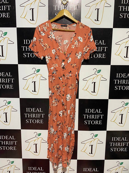 COTTON ON | M| BUST 17| B44| TERRACOTTA FLORAL MAXI DRESS - SHORT SLEEVE BUTTON FRONT CASUAL SUMMER DRESS