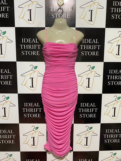 RUMOR |S| BUST 15| B44| BARBIE PINK RUFFLED BODYCON MIDI DRESS