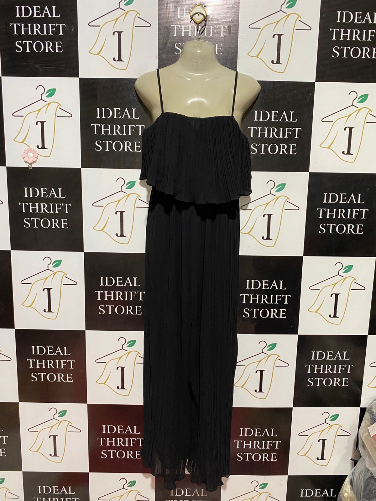 ALLY |M| BUST 17| B44| BLACK PLEATED SPAGHETTI STRAP JUMPSUIT WITH RUFFLE OVERLAY COCKTAIL PARTY EVENING WEAR