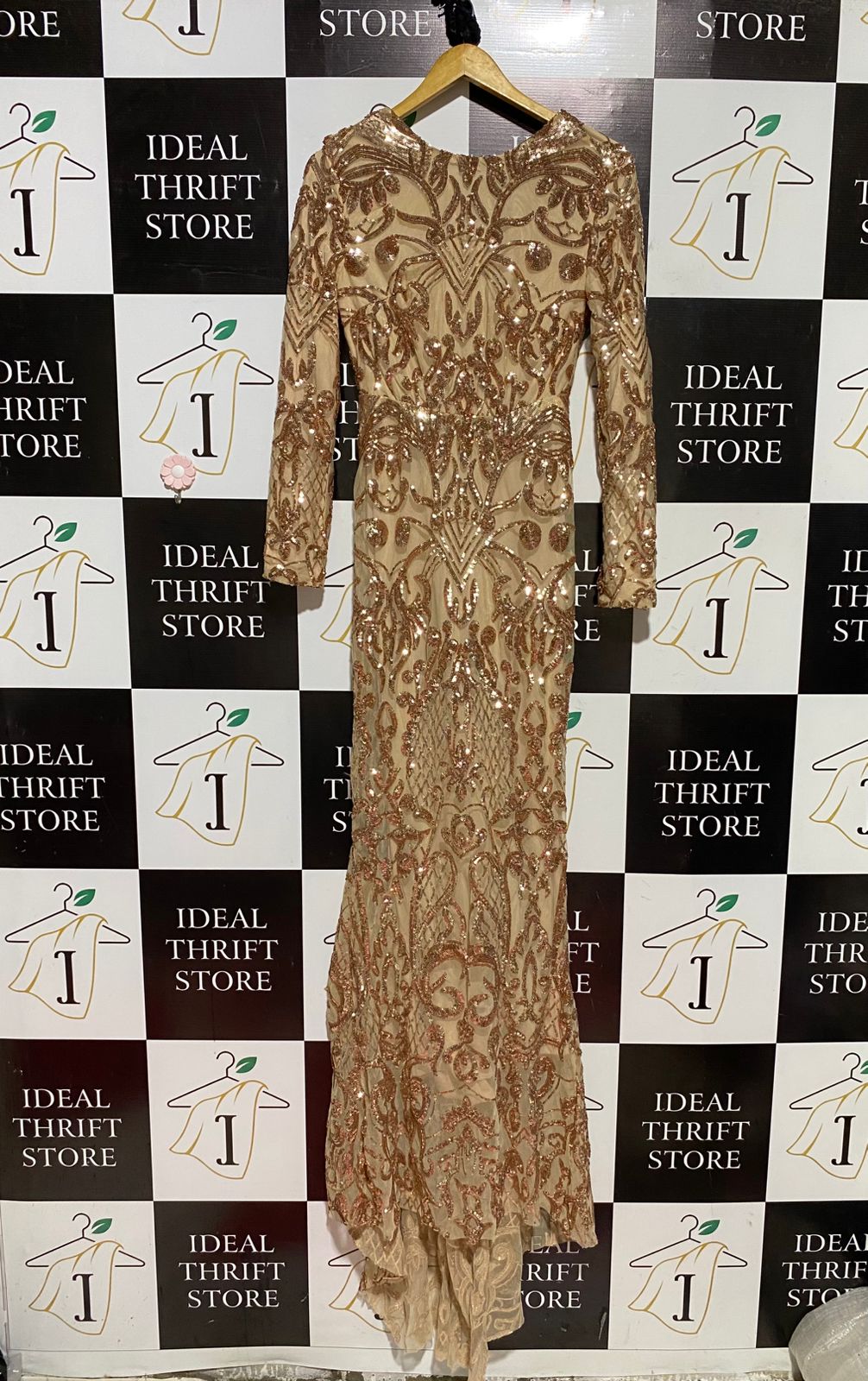 LOVE & LEMONADE |S| BUST 15| B44| GOLD ROSE GOLD SEQUIN LONG SLEEVE MAXI GOWN EMBELLISHED FORMAL PROM DRESS