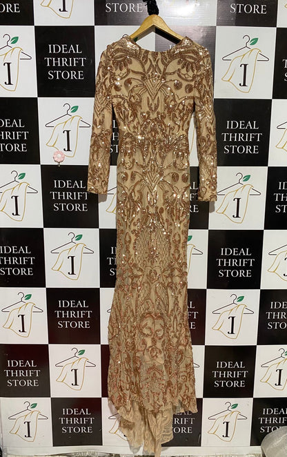 LOVE & LEMONADE |S| BUST 15| B44| GOLD ROSE GOLD SEQUIN LONG SLEEVE MAXI GOWN EMBELLISHED FORMAL PROM DRESS