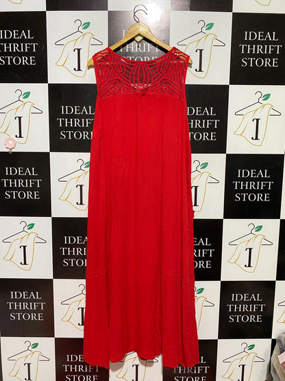 AUTOGRAPH |XL| BUST 23| B44| VIBRANT RED SLEEVELESS MAXI DRESS WITH INTENTIONAL CROCHET EMBROIDERED YOKE