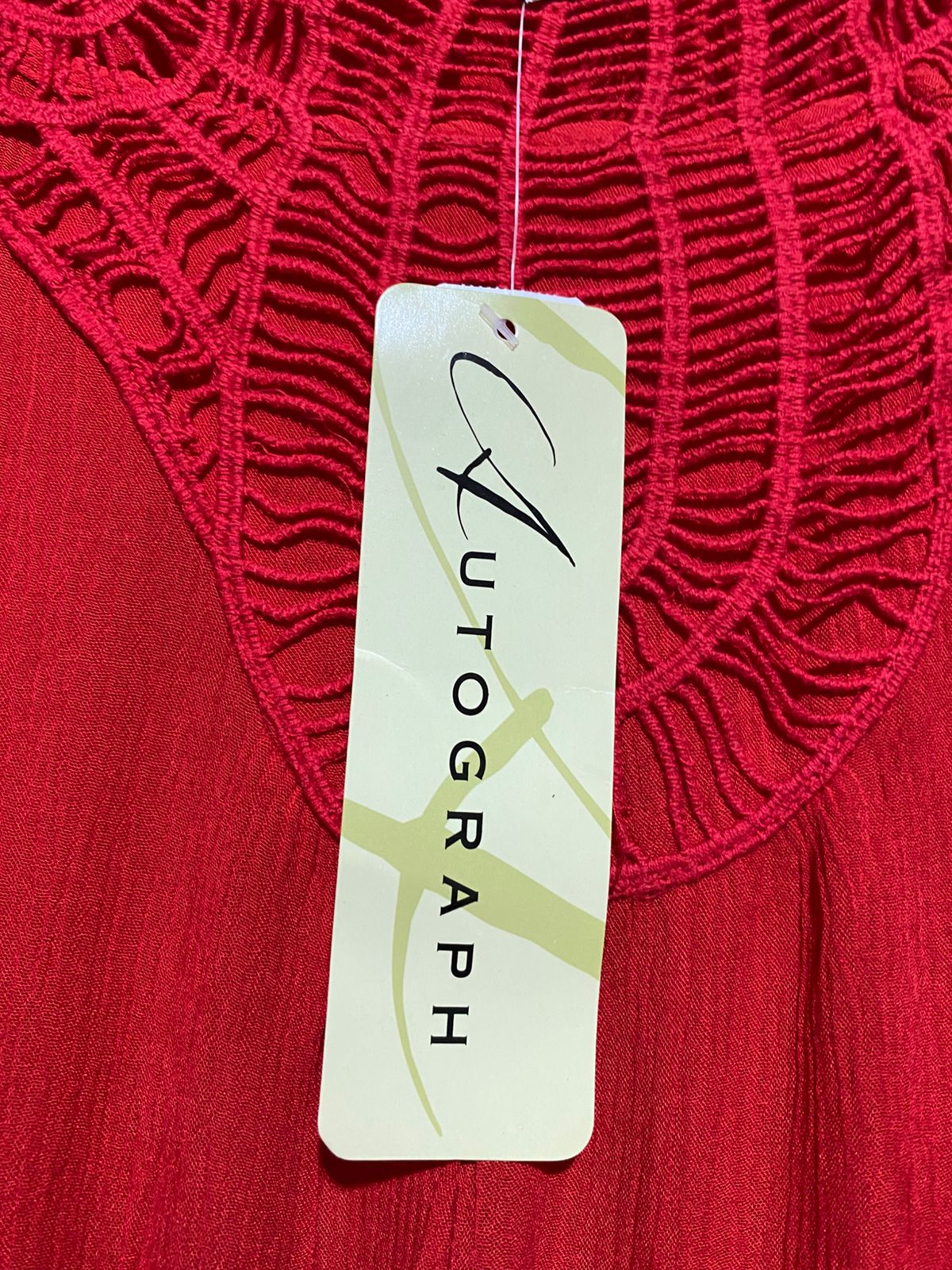 AUTOGRAPH |XL| BUST 23| B44| VIBRANT RED SLEEVELESS MAXI DRESS WITH INTENTIONAL CROCHET EMBROIDERED YOKE