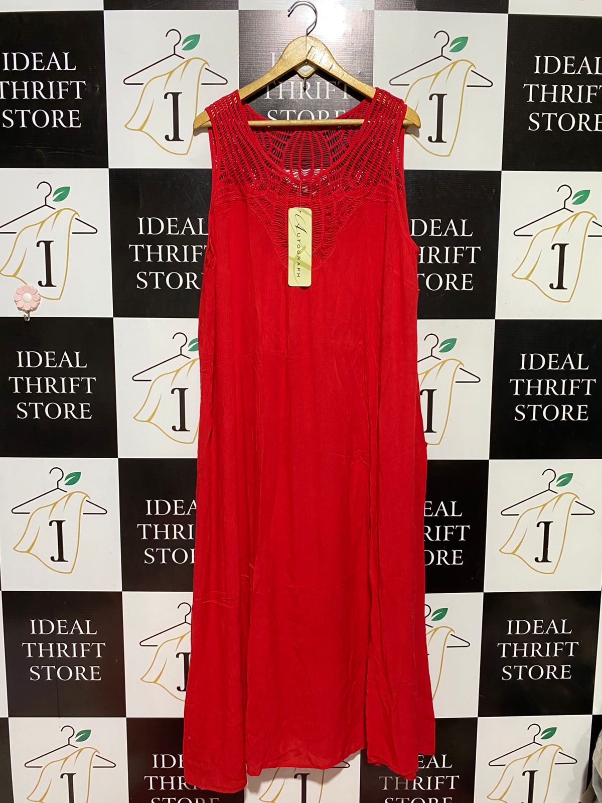 AUTOGRAPH |XL| BUST 23| B44| VIBRANT RED SLEEVELESS MAXI DRESS WITH INTENTIONAL CROCHET EMBROIDERED YOKE