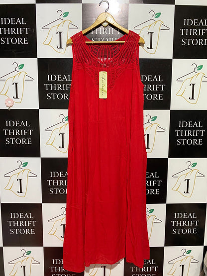 AUTOGRAPH |XL| BUST 23| B44| VIBRANT RED SLEEVELESS MAXI DRESS WITH INTENTIONAL CROCHET EMBROIDERED YOKE