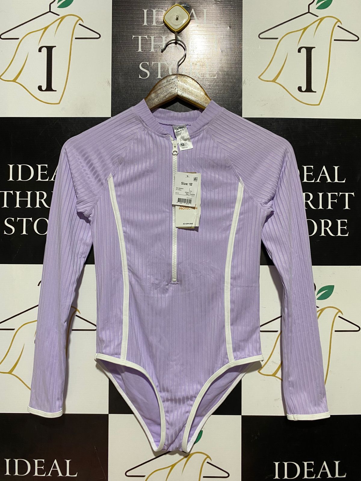 ANKO |XS| BUST 14| B44| GIRLS LAVENDER RIBBED LONG SLEEVE ONE PIECE SWIMSUIT RASH GUARD