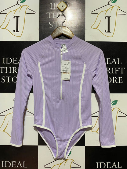 ANKO |XS| BUST 14| B44| GIRLS LAVENDER RIBBED LONG SLEEVE ONE PIECE SWIMSUIT RASH GUARD