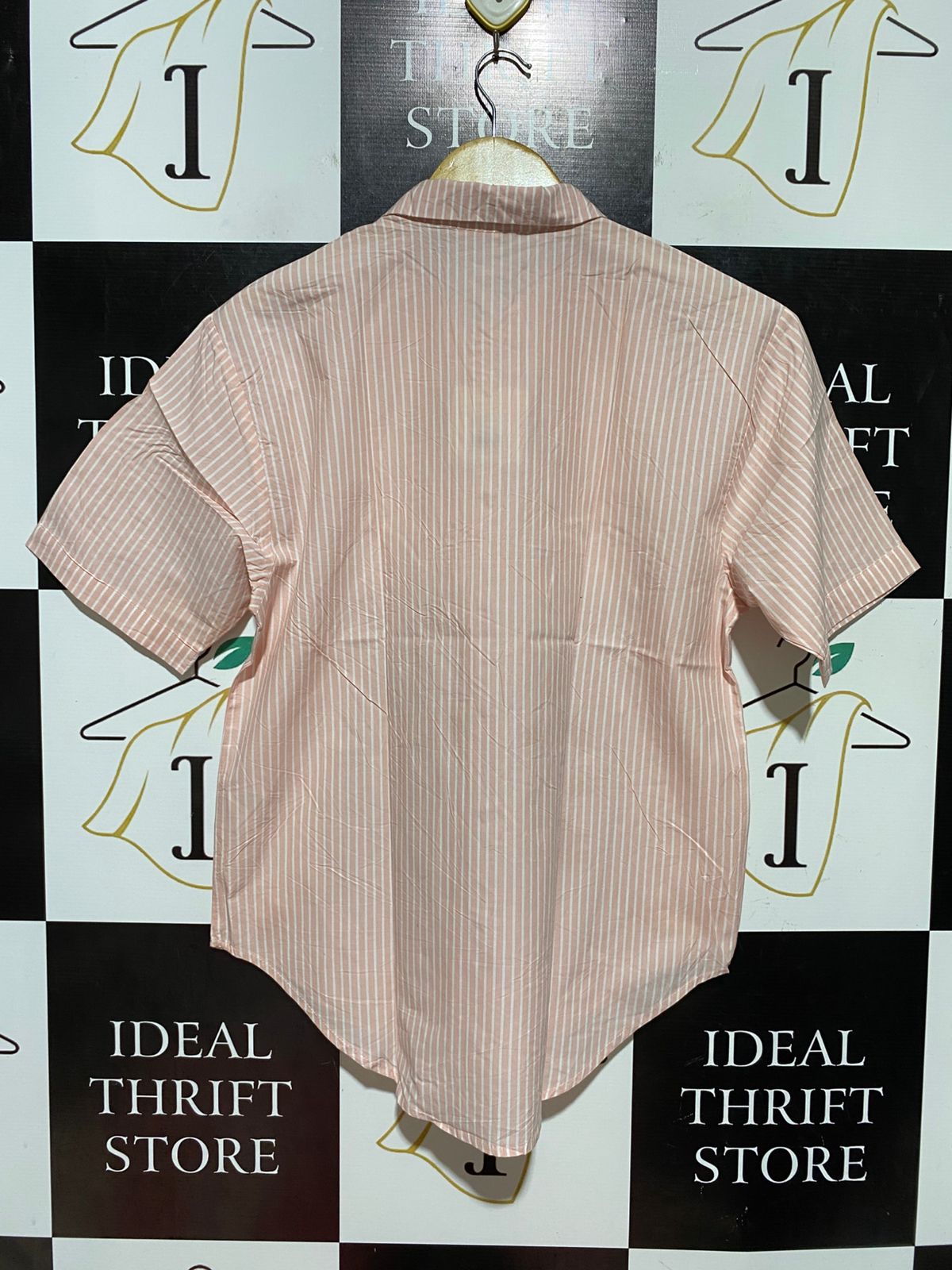 PAPINELLE |S| BUST 20| B44| PINK AND WHITE VERTICAL STRIPE SHORT SLEEVE BUTTON DOWN SHIRT CASUAL LOUNGEWEAR