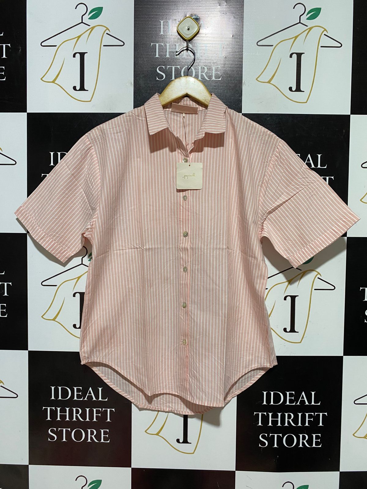 PAPINELLE |S| BUST 20| B44| PINK AND WHITE VERTICAL STRIPE SHORT SLEEVE BUTTON DOWN SHIRT CASUAL LOUNGEWEAR