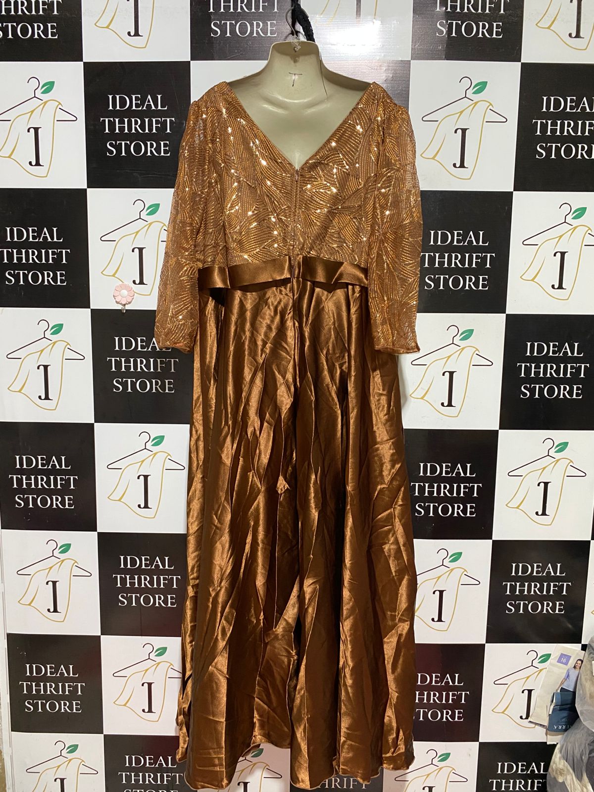 MGIACY |L| BUST 21| B43| BRONZE COPPER METALLIC SEQUIN TOP SATIN MAXI GOWN FORMAL EVENING DRESS