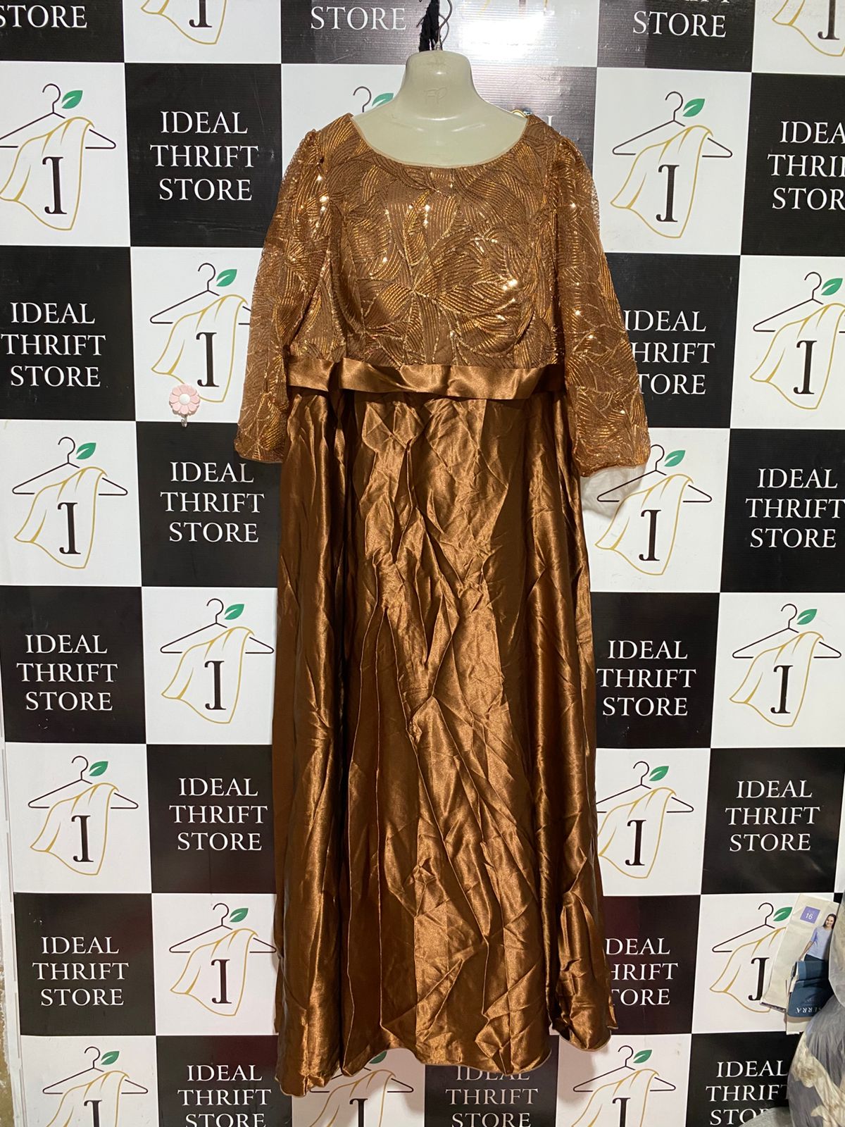MGIACY |L| BUST 21| B43| BRONZE COPPER METALLIC SEQUIN TOP SATIN MAXI GOWN FORMAL EVENING DRESS