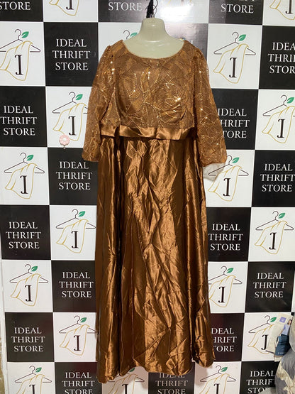MGIACY |L| BUST 21| B43| BRONZE COPPER METALLIC SEQUIN TOP SATIN MAXI GOWN FORMAL EVENING DRESS