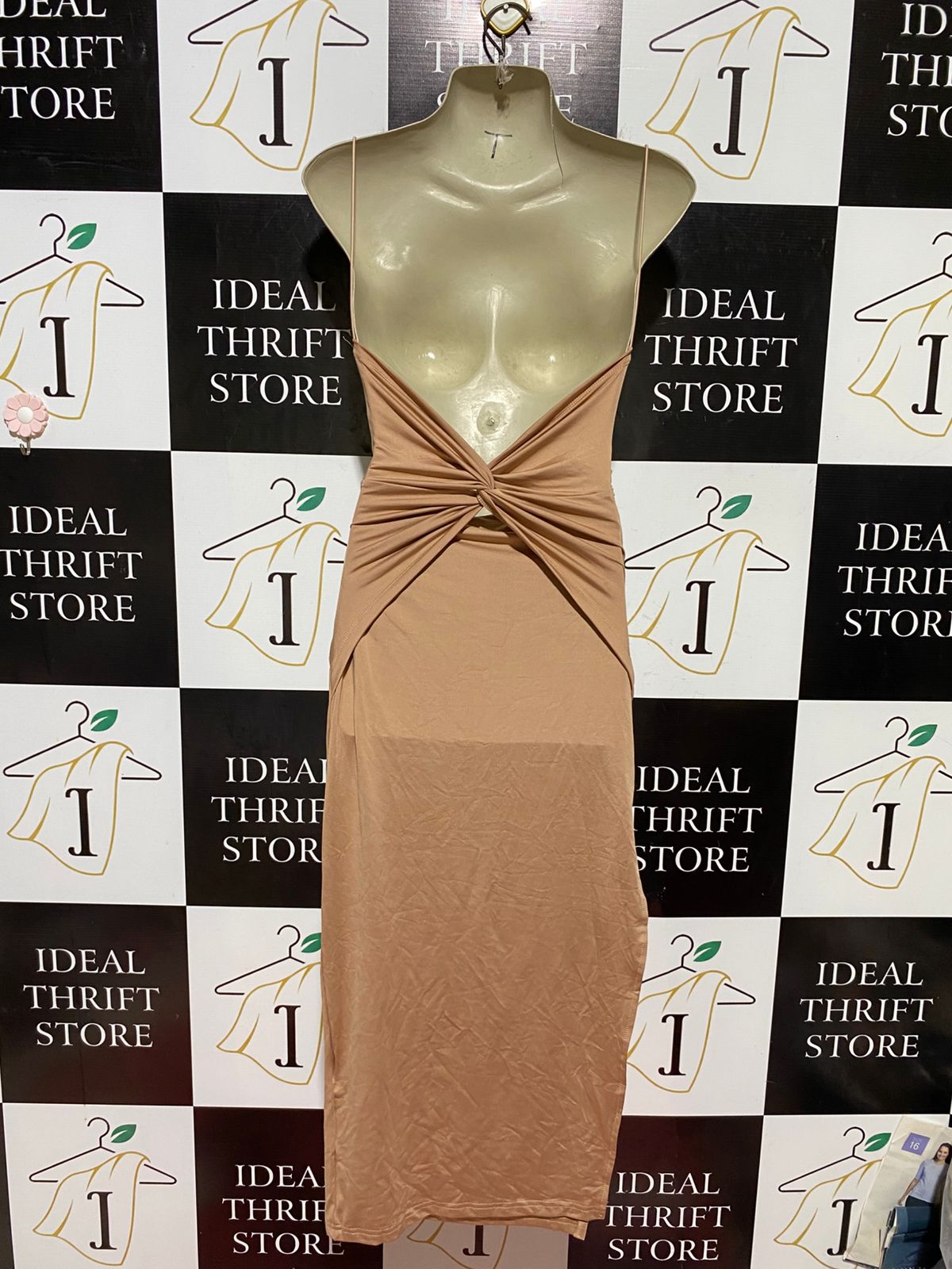 SHEIN |XS| BUST 15| B43| CHIC TAN NUDE SPAGHETTI STRAP RUCHED MIDI DRESS WITH SIDE SLIT PARTY COCKTAIL BODYCON