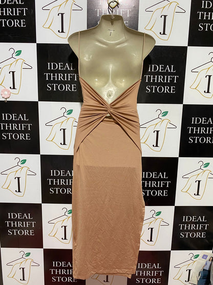 SHEIN |XS| BUST 15| B43| CHIC TAN NUDE SPAGHETTI STRAP RUCHED MIDI DRESS WITH SIDE SLIT PARTY COCKTAIL BODYCON